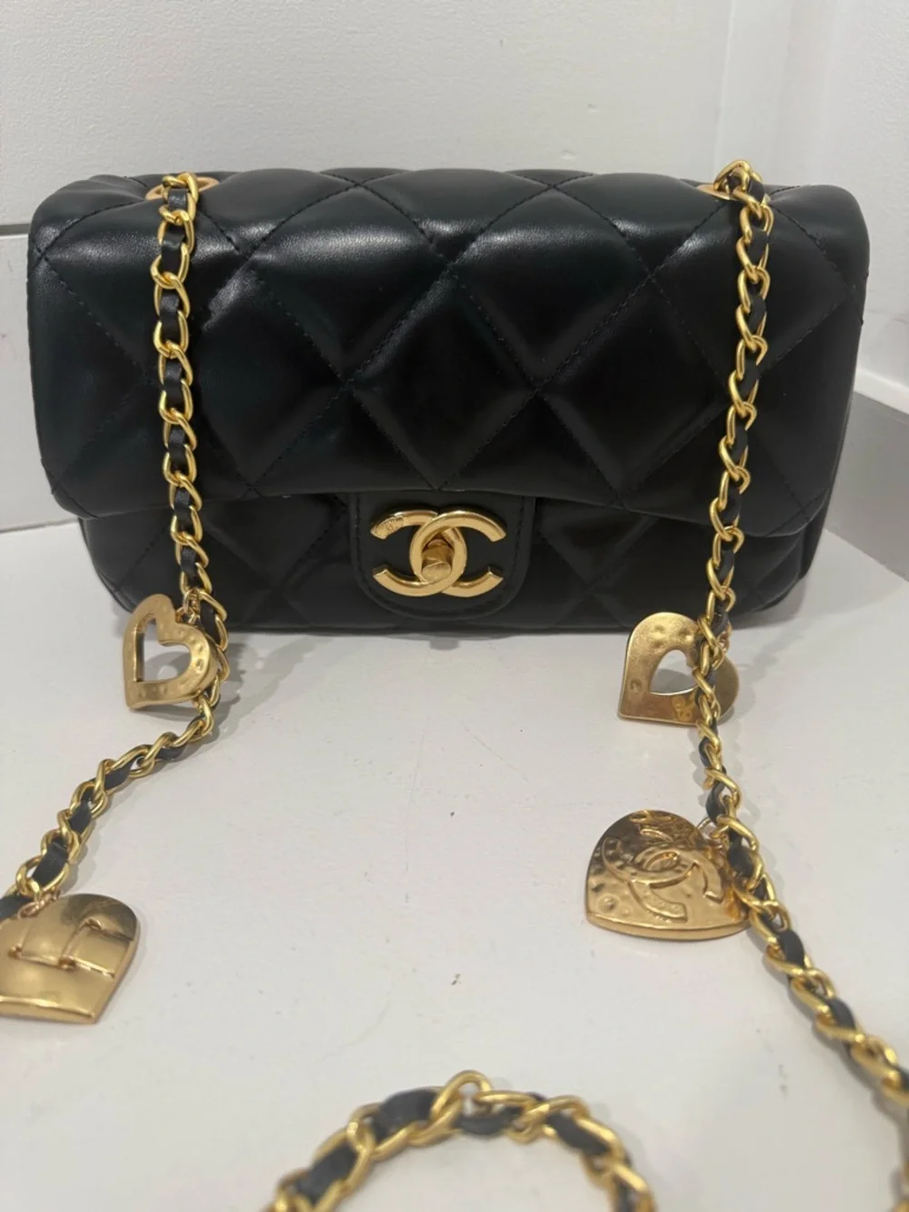 Chanel Black Quilted Leather Mini Crossbody with Gold Chain and Heart Charms - Picture 2 of 8
